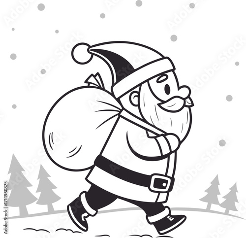 Santa Claus Illustration: A cheerful Santa Claus in his traditional red suit and carrying a large sack, presented with a colored version and a line art version. Perfect for Christmas cards