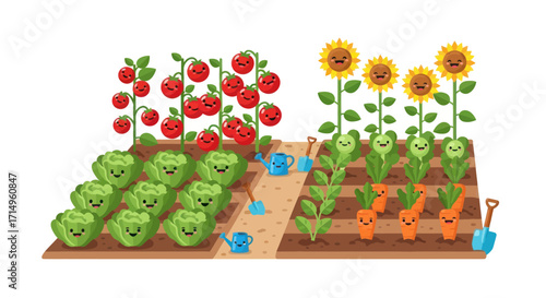 A cute cartoon vegetable garden with smiling anthropomorphic plants and flowers.