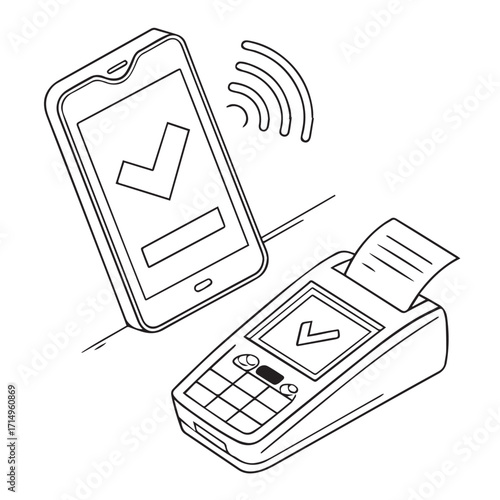 Modern illustration isolated on white background depicting a mobile payment transaction with a smartphone and pos terminal, symbolizing cashless payments and digital finance