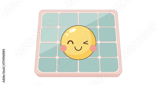 A cute kawaii solar panel with a winking smiley face illustration.