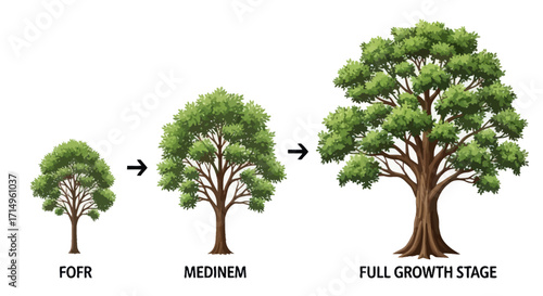 Tree Growth Stages Illustration from Young Sapling to Mature Full-Grown Tree.