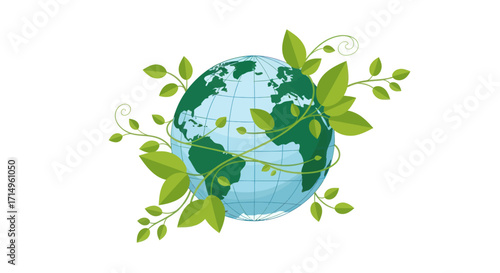 Illustration of planet Earth with green continents wrapped in growing leafy vines.
