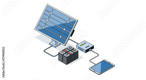 Isometric Solar Panel System Charging Smartphone with Batteries and Controller.