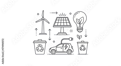 Hand-drawn illustration of renewable energy sources and eco-friendly elements.