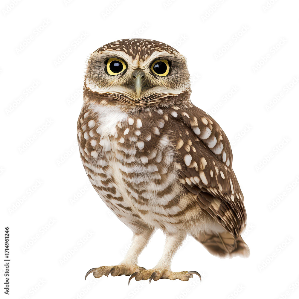 Fototapeta premium Burrowing Owl, A burrowing owl in a natural habitat, sitting on a small mound with its head turned, displaying its unique facial features, isolated on transparent background