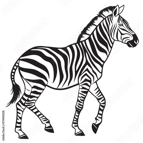 Striking zebra standing gracefully, showcasing its iconic black and white stripes against an isolated on white background, capturing the essence of african wildlife