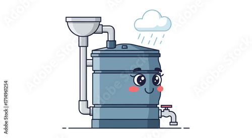 Cartoon Rainwater Harvesting Tank with Friendly Face and Tap.