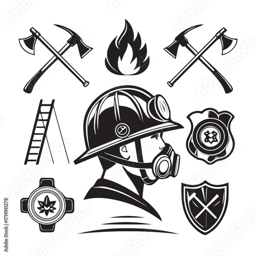 Illustration of a firefighter with axes, a flame, a ladder, and badges isolated on white background, showcasing symbols of firefighting and rescue services