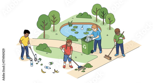 Children Cleaning Park Collecting Trash and Maintaining Environment.