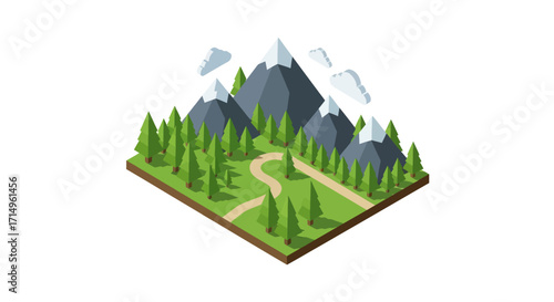 Stylized isometric landscape with snow-capped mountains a pine forest and a winding trail.