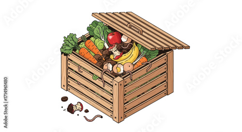 Open Wooden Compost Bin Filled with Food Scraps and Vegetable Waste.