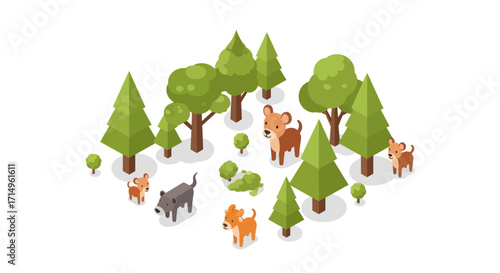 Isometric Illustration of Dogs in a Forest.