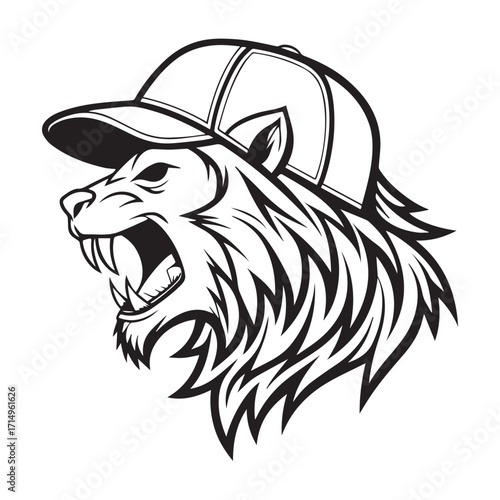 A fierce lion head wearing a baseball cap isolated on white background, rendered in a bold black and white illustration, conveys a sense of urban coolness and untamed power