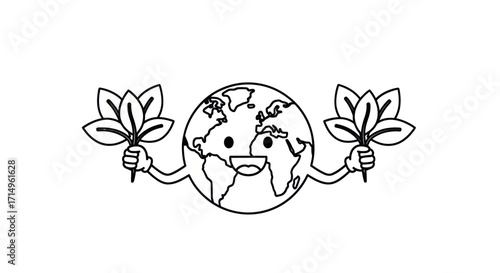 Happy cartoon Earth holding two green leaves representing environmental care.