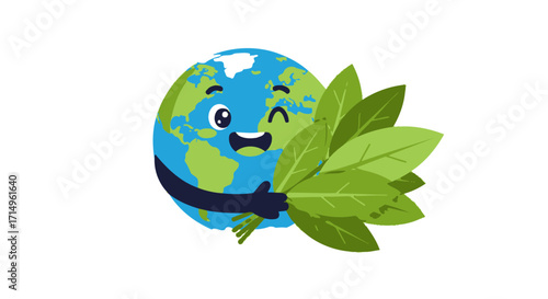 Cartoon Earth Character Hugging Green Leaves Winking and Smiling.