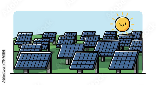 Solar Panel Array with Smiling Sun Renewable Energy Illustration.