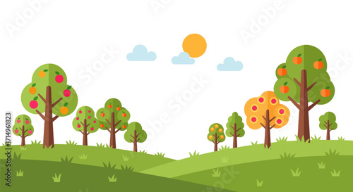 Vibrant cartoon orchard with fruit-laden trees under a sunny sky.