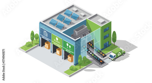 Modern Green Warehouse with Solar Panels and Loading Docks.