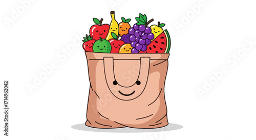 A cheerful tote bag overflowing with a vibrant assortment of fresh ripe fruits.