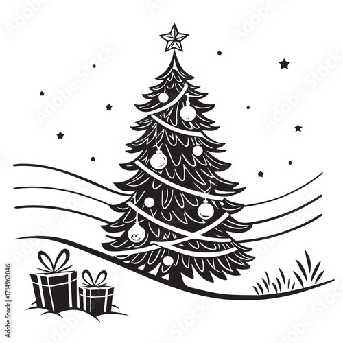 A christmas tree decorated with ornaments and a star on top, surrounded by presents and snow, isolated on white background the image is a black and white vector illustration