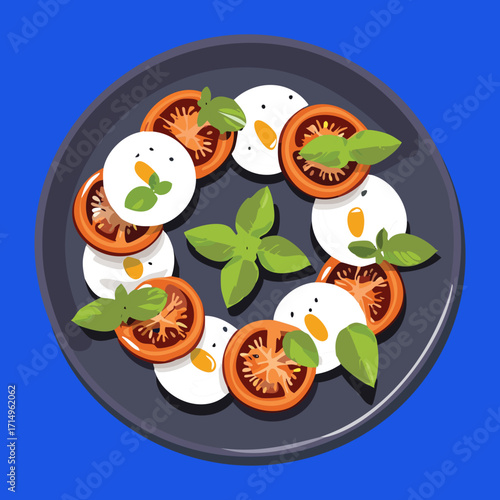 Classic caprese salad with fresh mozzarella, tomatoes, and basil on a blue plate - Vector Illustration
