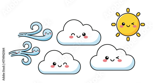 Cute Kawaii Weather Icons: Smiling Sun Winking Clouds and Swirling Wind.