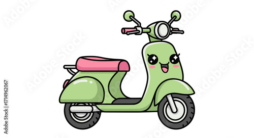 Cute Cartoon Green Scooter with Pink Seat and Smiling Face.