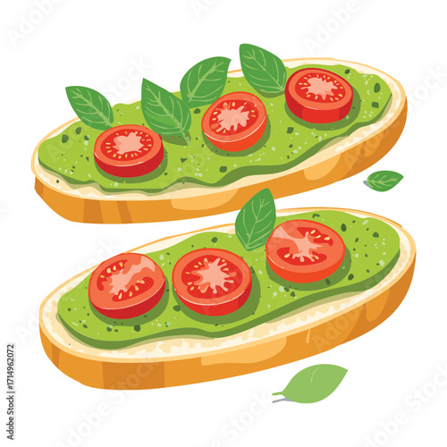 Simple bruschetta with fresh tomatoes, basil, and cheese on toasted bread - Vector Illustration