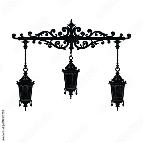 Ornate black wrought iron street lamp with three hanging lanterns