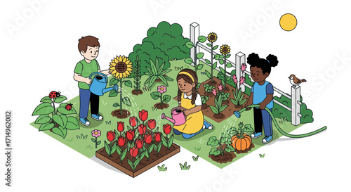 Diverse Children Gardening and Watering Plants in a Colorful Outdoor Garden Illustration.