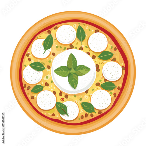 Classic italian pizza with fresh mozzarella and basil leaves, on a wooden board - Vector Illustration