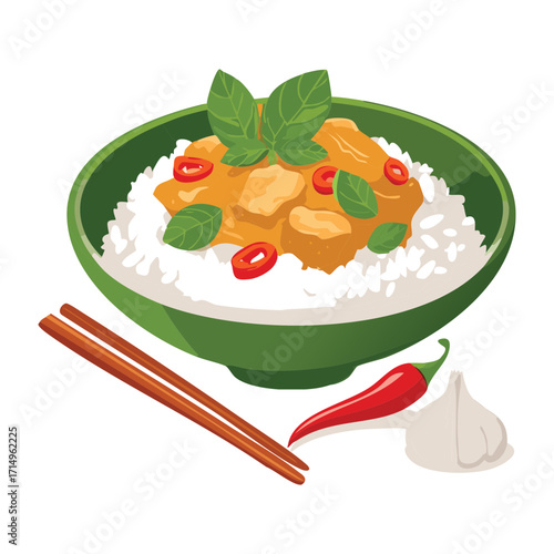 Delicious rice bowl with shrimp, vegetables, and sauce. A traditional asian cuisine dish for lunch or dinner - Vector Illustration