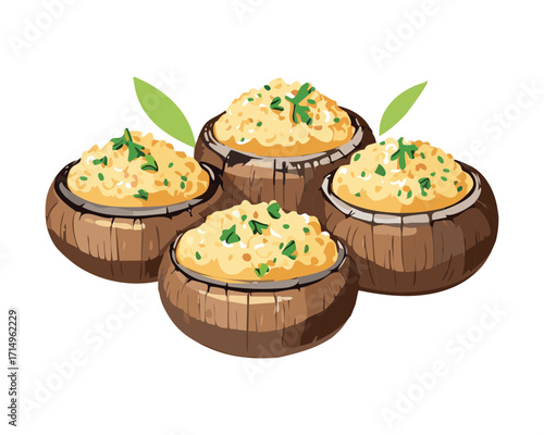 Bowl of rice balls with fresh herbs. A delicious and savory appetizer or snack - Vector Illustration