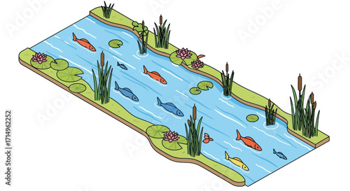 Cartoon Illustration of a River Scene with Fish and Plants.