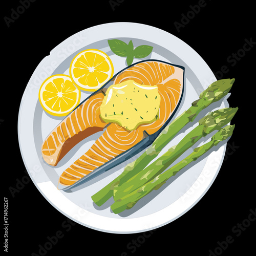 Roasted salmon fillet with asparagus and lemon slices on a plate. A healthy and delicious dish - Vector Illustration