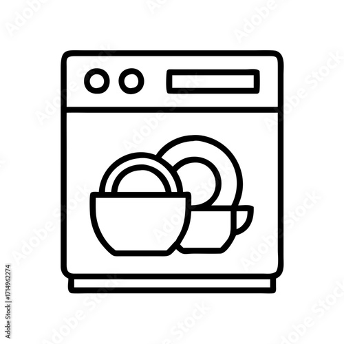 Dishwasher appliance for kitchen cleaning and washing dishes vector line art illustration