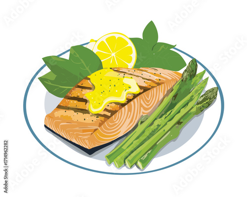 Delicious roasted salmon fillet with asparagus and lemon. A healthy and tasty meal for a balanced diet - Vector Illustration