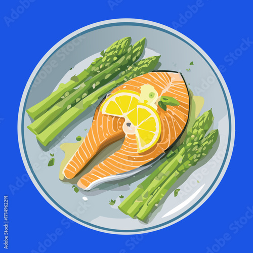 Roasted salmon fillet with asparagus and lemon slices. A healthy and delicious meal for lunch or dinner - Vector Illustration