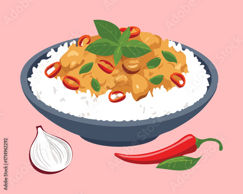 A bowl of delicious rice with roasted chicken, chili, and herbs. A popular and tasty asian dish - Vector Illustration
