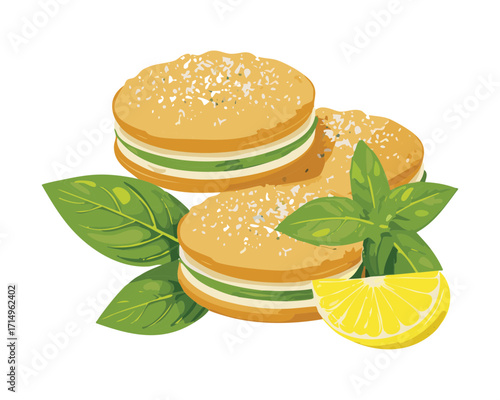Delicious Japanese cheesecake with lemon slices and mint leaves. Sweet dessert - Vector Illustration