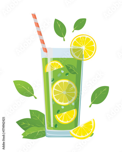 A refreshing glass of sparkling water with lemon and mint, a simple and healthy detox drink - Vector Illustration