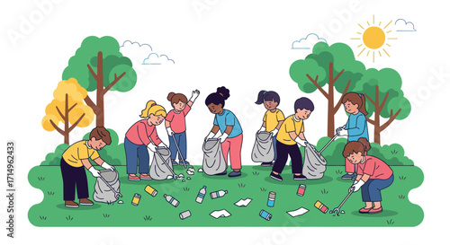 Group of Children Cleaning Up Litter in a Park Promoting Environmental Awareness.