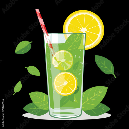 A delicious cocktail with lemon and mint in a highball glass, a refreshing and zesty summer drink - Vector Illustration