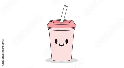 Adorable Kawaii Pink Strawberry Milkshake with Straw and Happy Face.