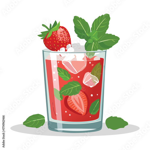 A glass of vibrant strawberry and mint iced drink with ice cubes, a fresh and fruity beverage - Vector Illustration