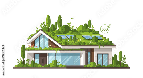 Modern Eco-Friendly House with Green Roof and Solar Panels.