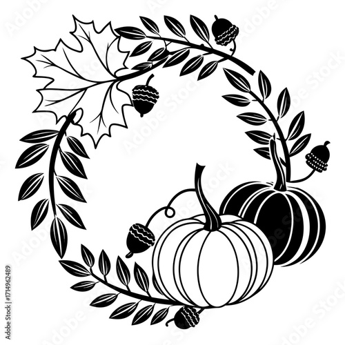 Elegant Thanksgiving wreath made of pumpkins, maple leaves, berries, and acorns, decorative seasonal vector design vector illustration of black & white