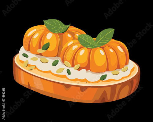 A savory pumpkin pie topped with a luscious layer of cream cheese and fresh herbs, ready to be enjoyed - Vector Illustration