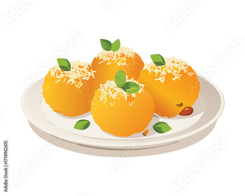 A plate filled with sweet pumpkin dumplings, artfully garnished with herbs and a swirl of creamy sauce for dessert - Vector Illustration