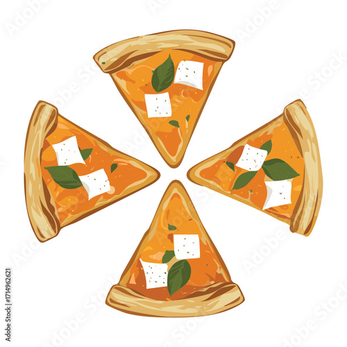 Four savory slices of pumpkin quiche topped with herbs and a dollop of cream cheese, a perfect autumn meal - Vector Illustration